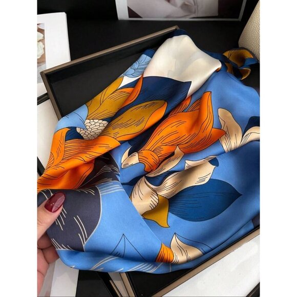 ✨Luxury Silky Scarf Orange Navy Blue Geometric Floral Link Pattern Square Wrap✨ - Picture 3 of 5